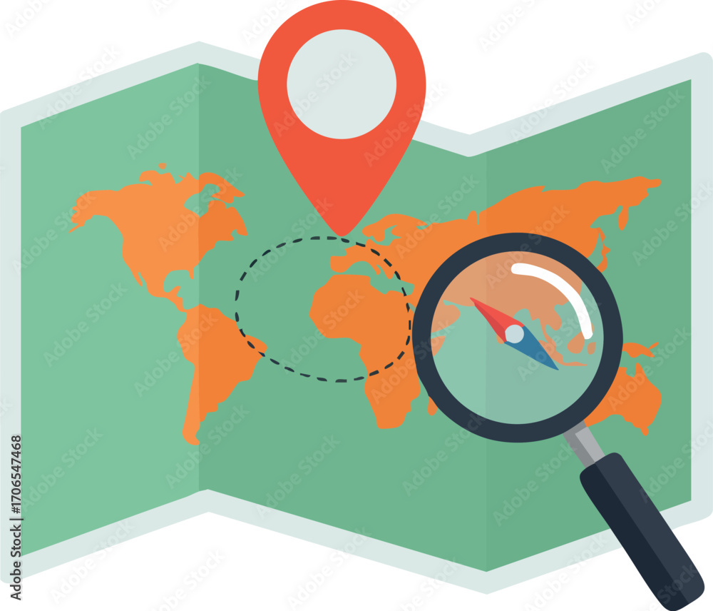 Poster world map with location pin and magnifying glass exploring geography and navigation concepts in flat