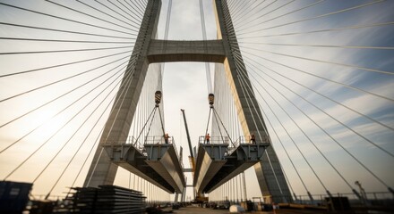 Fototapeta premium Lowangle shot focusing on the towering pylons of a cablestayed bridge rising above the ground as modular deck units are aligned and connected.