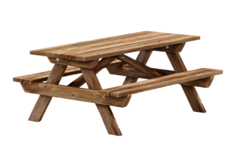 A rustic wooden picnic table, featuring a rectangular tabletop and two benches.  The table's legs are joined by simple, angled supports.  The wood has a light brown tone with visible wood grain