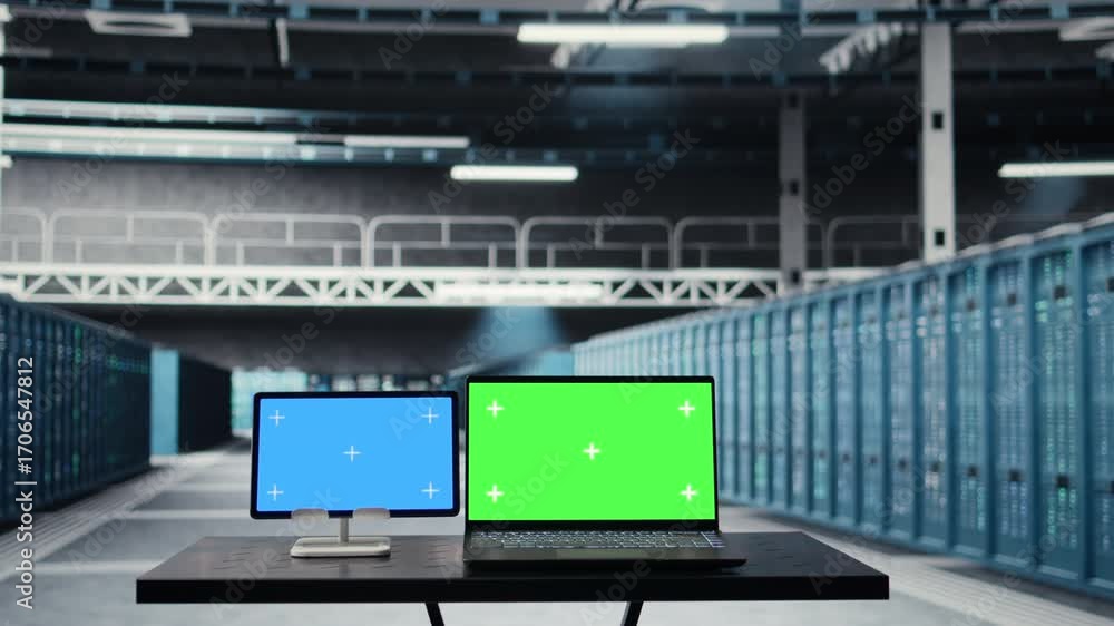 Poster chroma key devices in high tech data center facility with rows of server rigs infrastructure. isolat