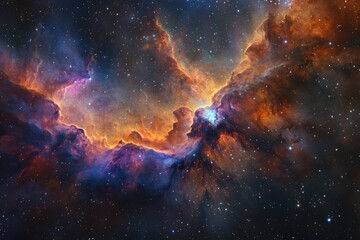 Fototapeta premium A vibrant nebula showcasing cosmic dust and gas clouds illuminated by stars, creating a breathtaking celestial landscape.