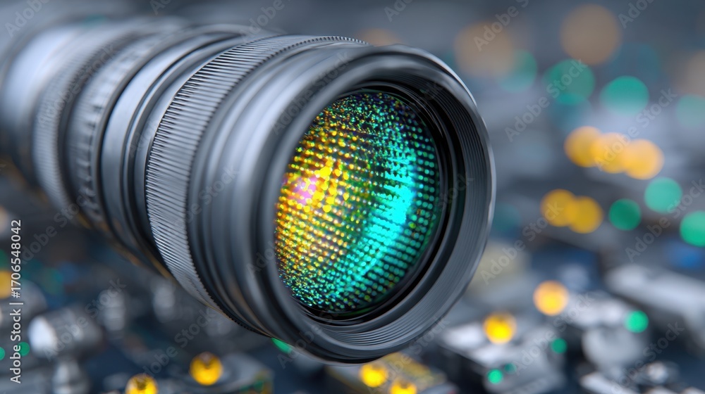 Poster focused medium shot of an apsc sensor camera capturing the sensors hightech surface while the rest o
