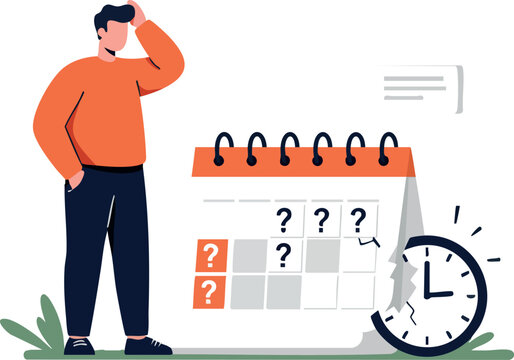 Man standing confused near calendar with question marks and clock time management concept vector illustration
