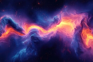A vibrant nebula swirls with fiery orange and cool blue hues, cosmic dust and stars scattered throughout.