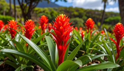 Vibrant Red Bromeliads Garden Setting