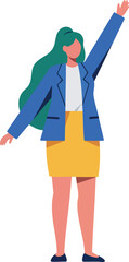 Businesswoman with green hair wearing blue blazer and yellow skirt raising hand vector illustration