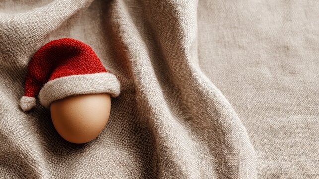 ngle Egg in Santa Hat on Linen Christmas Farm Banner. Festive Holiday Concept with Egg Wearing Santa Hat on Beige Fabric
