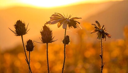 Silhouettes of dried wildflowers at sunset
