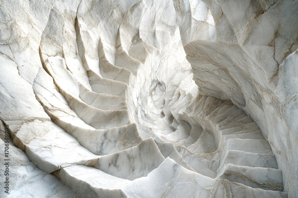 Poster a mesmerizing spiral staircase carved from white marble, creating a stunning visual effect of depth 