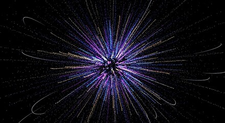 Obraz premium Exploding vibrant cosmic nebula bursts with shimmering stardust trails against a deep black infinite universe canvas, evoking wonder and discovery.