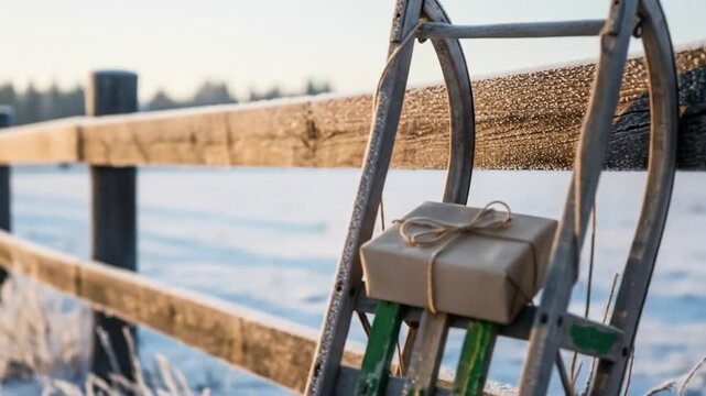 A brownpapered present sits on a frosty oldfashioned sled leaning against a snowcovered wooden fence in a winter landscape