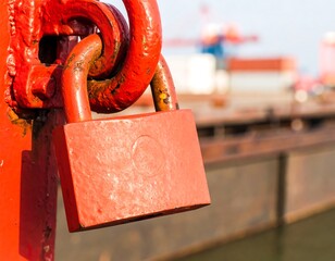 Rusty red padlock on a dock