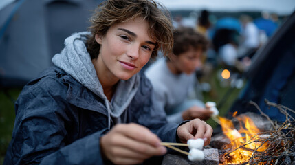 A young individual enjoys roasting marshmallows by a campfire, capturing the essence of camping, outdoor adventures, and cherished moments shared with friends in nature.