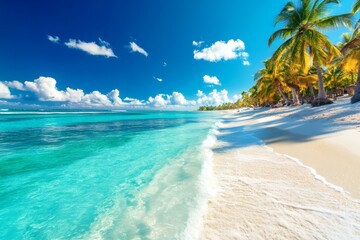 Fototapeta premium A stunning tropical beach with crystal clear turquoise water, white sand, and palm trees swaying gently in the breeze