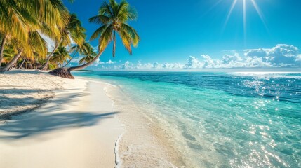 A picturesque beach scene featuring palm trees, turquoise water, and a radiant blue sky. A serene image of tropical beauty.