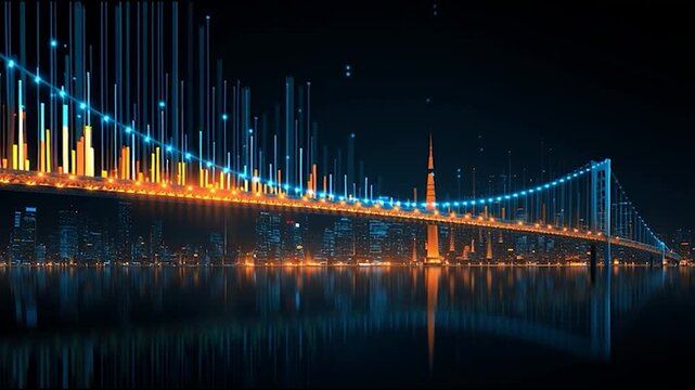 A stunning digital artwork of a bridge illuminated by vibrant blue and orange lights, reflecting in the calm water with a city skyline in the background.