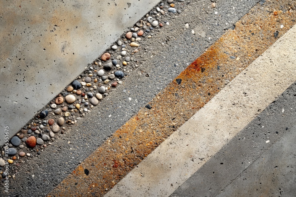 Poster diagonal stripes of concrete with varying aggregate, including a band of embedded pebbles.