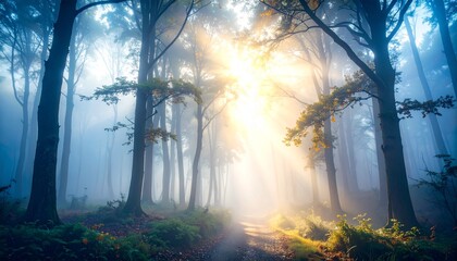 日の出 朝焼け 太陽 光線 霧 幻想的 森林 樹木 木々 自然 穏やか 神秘的 静寂 癒し 清々しい 新緑 空気 黄金色 山