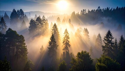 日の出 朝焼け 太陽 光線 霧 幻想的 森林 樹木 木々 自然 穏やか 神秘的 静寂 癒し 清々しい 新緑 空気 黄金色 山