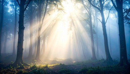 日の出 朝焼け 太陽 光線 霧 幻想的 森林 樹木 木々 自然 穏やか 神秘的 静寂 癒し 清々しい 新緑 空気 黄金色 山