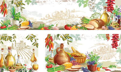 Set of Mediterranean Food Borders with Vegetables Herbs and Bread 