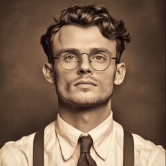 Fototapeta premium A close-up portrait of a serious man wearing round glasses and a tie