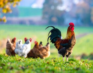 Rooster and hens in a field (1)