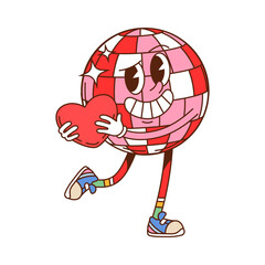 Cartoon groovy Valentine day disco ball character holding red heart, exuding love vibe. Isolated vector funky personage with trendy hippie sneakers and cheerful expression ready for retro dance party