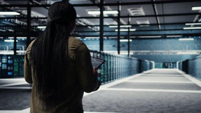 Engineer in data center using tablet to deploy secure server architecture. African american woman in server hub using device to do rollout of cybersecurity framework, camera A
