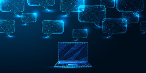 Laptop with glowing speech bubbles, symbolizing digital communication and online interaction vector
