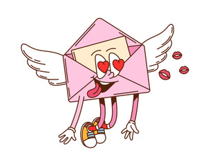 Cartoon groovy Valentines day envelope character flying with hearts in eyes. Isolated vector vintage holiday mail or letter personage, retro comic romantic love message for celebration and greetings