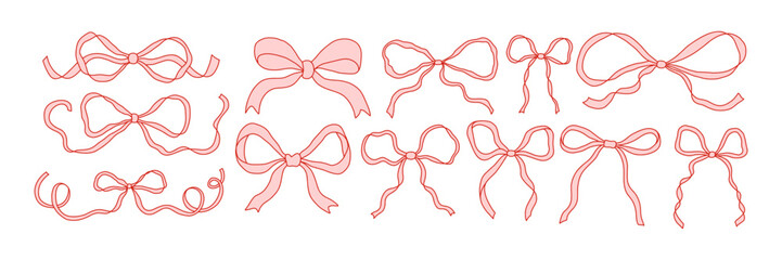 Set of hand drawn ribbon bows in coquette style. Cute feminine decorative elements for digital design, scrapbooking, planners, invitations, packaging, and social media. Isolated on white vector art
