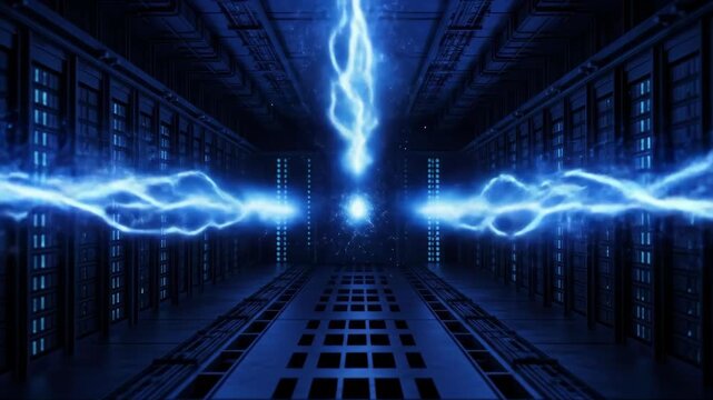 Futuristic server room with bright energy stream. Data center, technology, data, server, digital and network concept. - Powered by Adobe