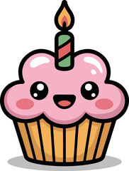 Vector art of a cute cupcake with pink frosting and a lit candle, perfect for birthday celebrations, sweet treats, and adorable designs for kids and party invitations