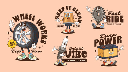 Groovy vehicle spare parts characters retro stickers and car detail personages t shirt prints. Vector auto service groovy stickers, cartoon wheel, tire and gear, spark plug and oil filter characters