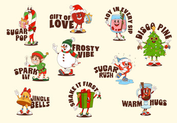 Christmas hippie Y2K groovy stickers with cartoon funny characters, vector t shirt prints. Groovy stickers with winter holiday quotes, funky Christmas tree and snowman with Santa gifts for New Year