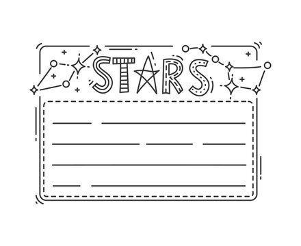 Galaxy space stars kids memo note frame. Kids education schedule vector sticker, To Do list label. Children scrapbook frame or diary memo note template with space star constellations funky typography