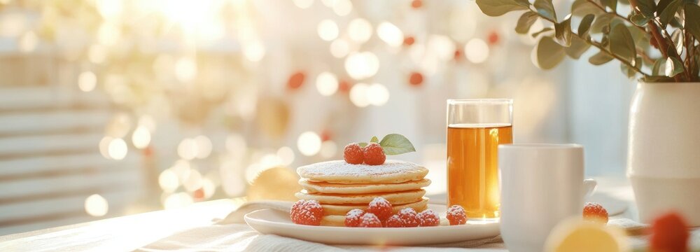 Cozy breakfast setting featuring pancakes topped with raspberries and maple syrup in warm morning light
