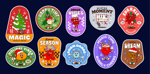 Christmas groovy label stickers and Xmas hippie patches for winter holidays, cartoon vector. Christmas stickers with groovy characters of happy snowflake and funky hot chocolate with cookie and gifts