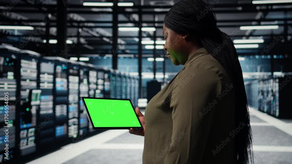 Poster data center programmer uses green screen tablet to develop disaster recovery plans, minimizing downt
