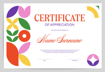Certificate of appreciation diploma template with geometric pattern, abstract shapes and vibrant colors. Vector award background, recognition and honor trophy frame with placeholders for information