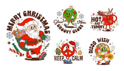 Funny Christmas groovy hippie characters stickers for New Year, vector t shirt prints. Y2K groovy Christmas stickers with cartoon Santa and New Year gifts, decoration and winter holiday quotes