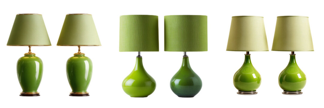 Set of Minimalist product shot of a celadon green Dashiell table lamp base with walnut base on transparent png background. Ai generated