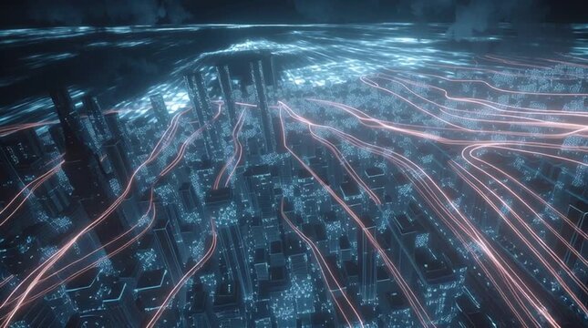 Futuristic megacity illuminated by glowing energy flows, cyberpunk cityscape, advanced technology metropolis, neon lights, sci-fi architecture, high-tech urban environment at night.