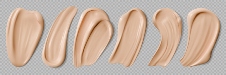 Beige foundation cream swatch, skincare cosmetic drops set. Liquid powder or bb creme. Realistic 3d vector smooth beige concealer stroke. Creamy cosmetics glossy finish, beauty skincare product sample