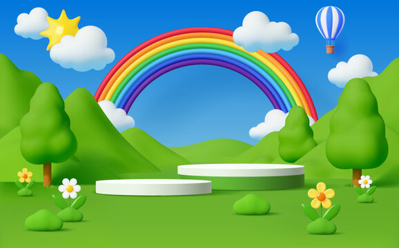 Kids podium with green grass, mountain hills and rainbow, hot air balloon, fluffy clouds and blooms. 3d vector stage in summer garden with flowers and greenery. Playful cartoon landscape and scene