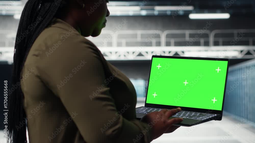 Poster admin in data center using app on green screen laptop to ensure error free mainframes networks. it s