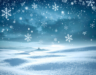 Sparkling snowflakes gently fall against a bright blue sky, creating a magical winter scene with fresh white snow on the ground and sunlight reflecting off the crystals.