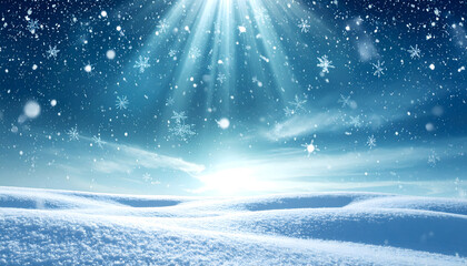 Sparkling snowflakes gently fall against a bright blue sky, creating a magical winter scene with fresh white snow on the ground and sunlight reflecting off the crystals.