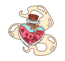 Cartoon groovy love potion bottle with heart shaped glass, pink liquid and swirling magic aura. Vector cute retro Valentine day flask, symbol of romance, enchantment and sweet emotional y2k vibe